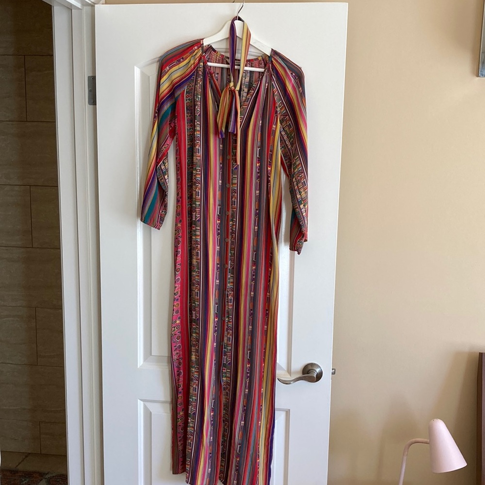 Tucker NYC silk multicolor rainbow geometric stripe button down maxi dress